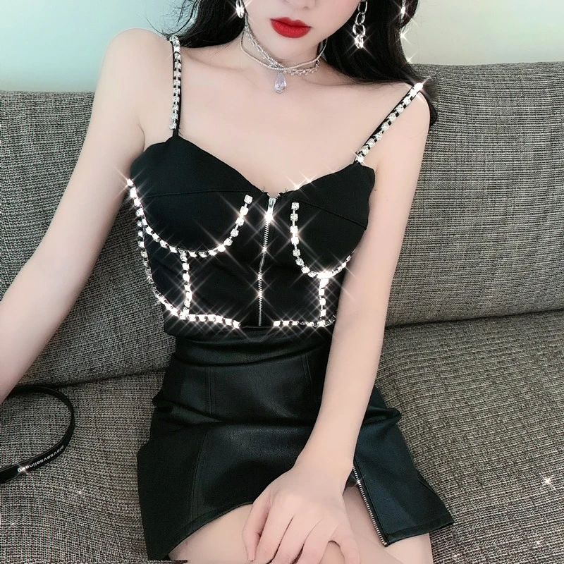 Summer Woman Short Sexy Streetwear Beading Strap Tanks Camis with Zipper YOU165