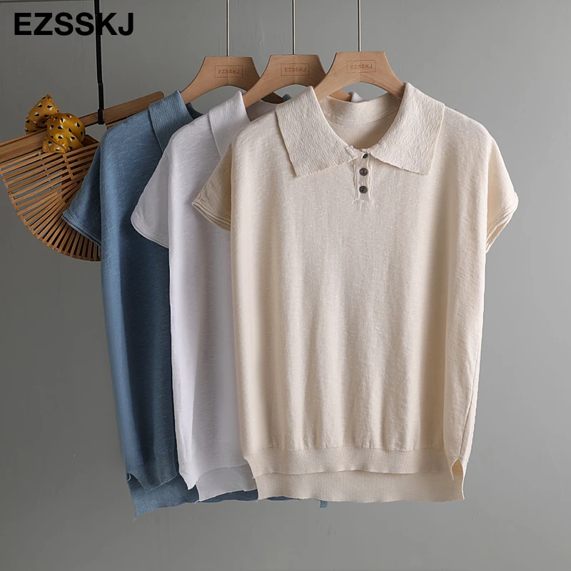 Свободная цветная хлопковая вязаная футболка Женская Повседневная Футболка с