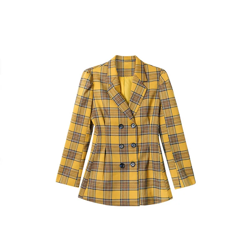

Fashion Suit Women Blazer Dress Autumn Double Breasted Plaid Pocket Button Front Military Style A-Line Mini Dress 2020 clothes