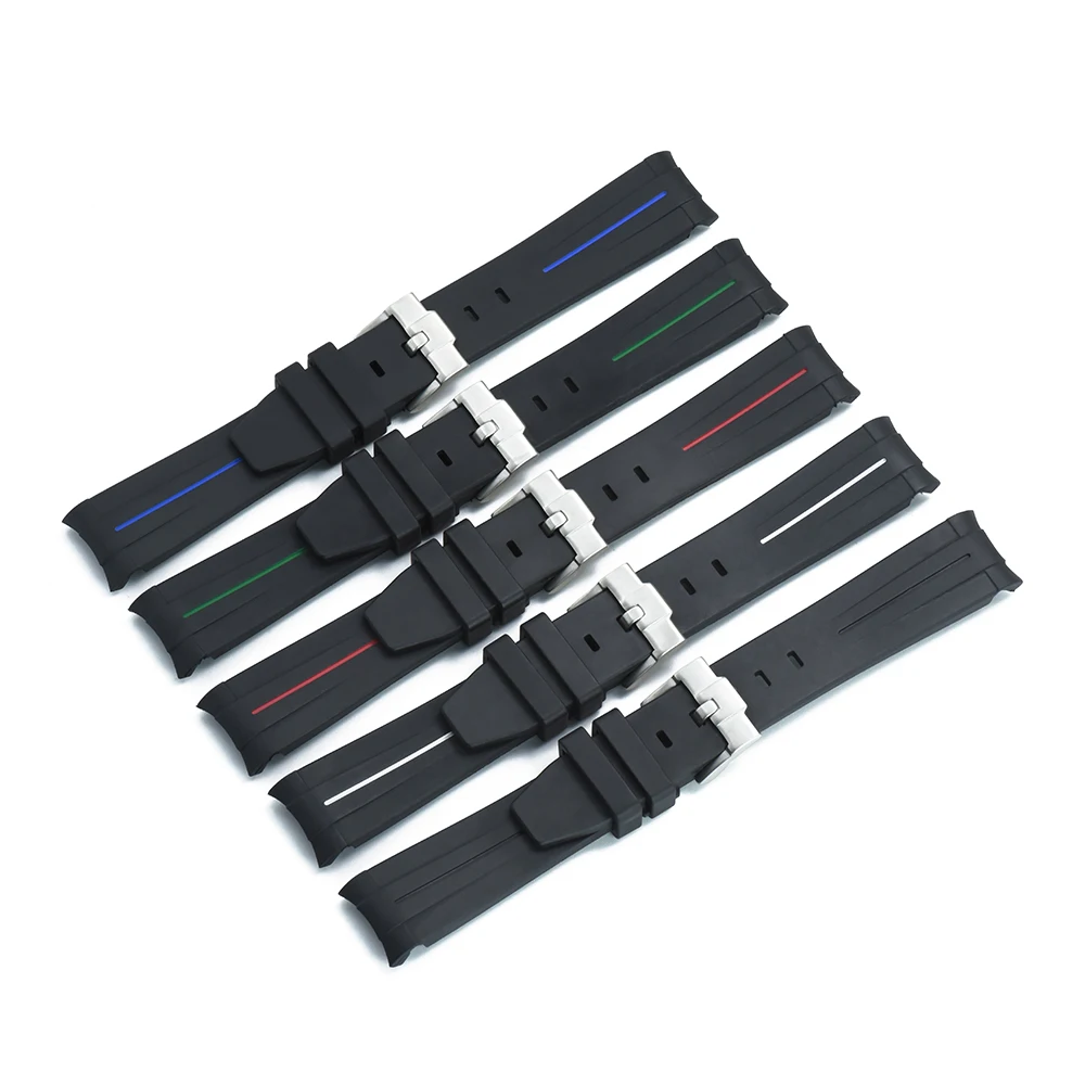 

Top Curved End Silicone Rubber With Silver Buckle Strap 20mm 22mm Waterproof Diving Sport Watch Band Replacement For Omega Watch