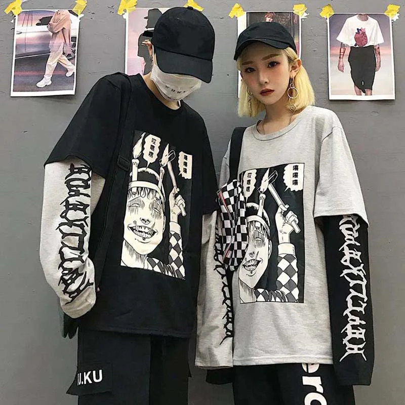 NiceMix Harajuku футболка женская поддельная 2 шт. принт японский Fujiang Ужасы комиксы длинный рукав рубашка Женская Vetement Femme