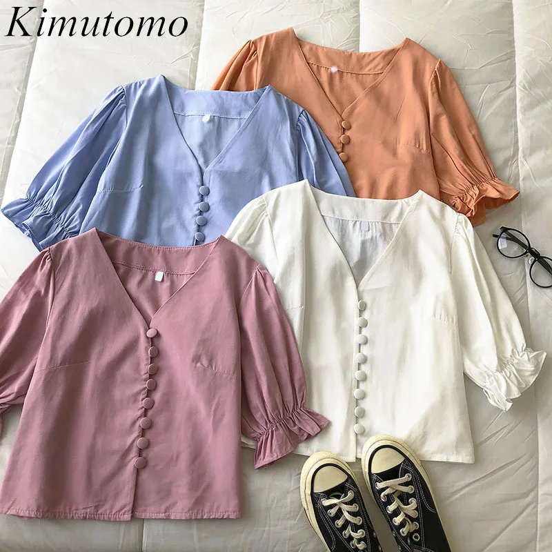 Kimutomo шикарная женская блузка 2021 летняя новая мода Девушки V-образный вырез