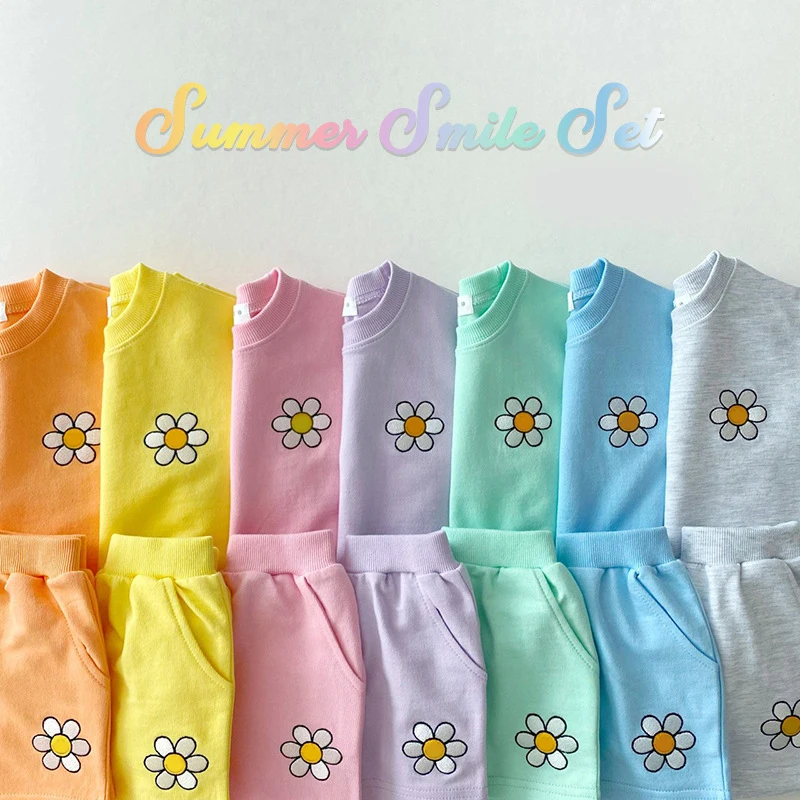 

Sunflower Smiling Cartoon 0-5 Y Boys Girl Clothing Sets Children Summer 2021 Short Sleeve Cotton Shirts + Shorts Clothe For Teen