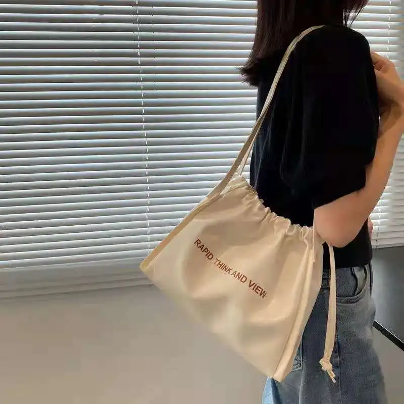 

Shoulder Bag Drawstring Cross-Body For Female Large-Capacity Pure Color 2021 Ins All-Match Tote Bag Letter Printed Messenger