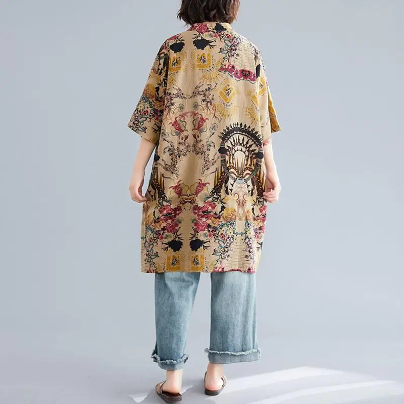 Plus Size Cotton Linen Long Blouse Shirt Dress Women Summer Spring New Vintage Print Female Shirts Kimono Cardigan 6XL 7XL | Женская