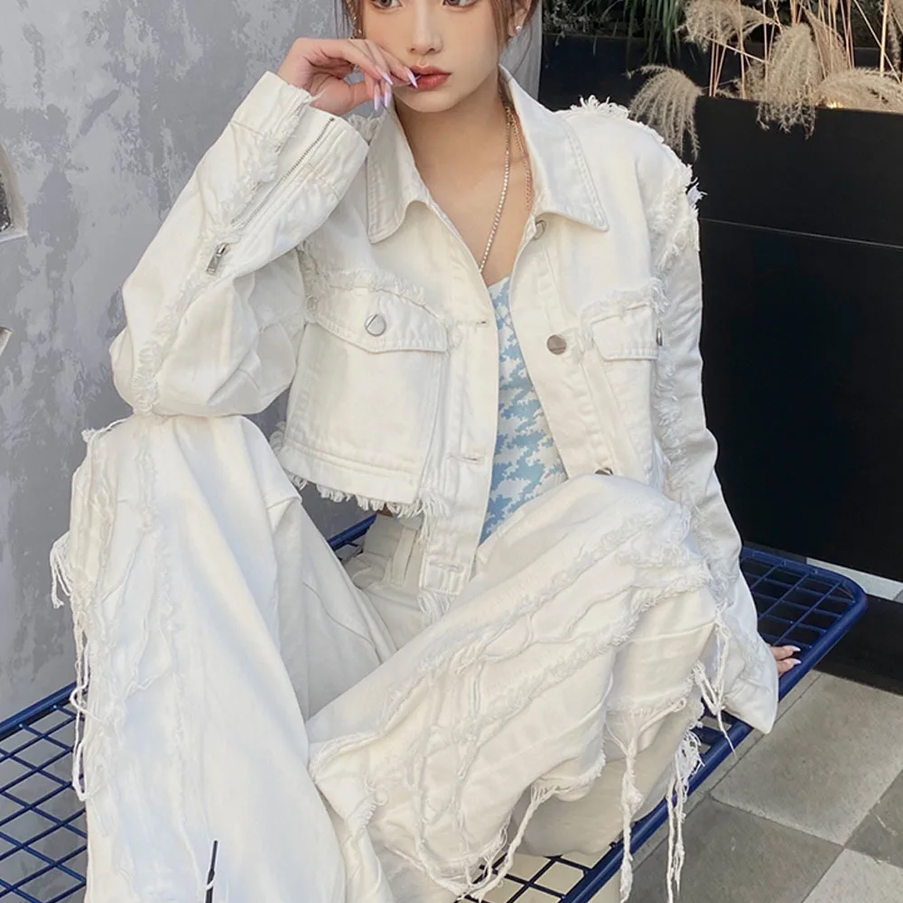 Fall 2021 New Fashion Chic Raw Edge Design Harajuku Street High Waist Straight Wide Leg Jeans Women All-match Denim Trousers |