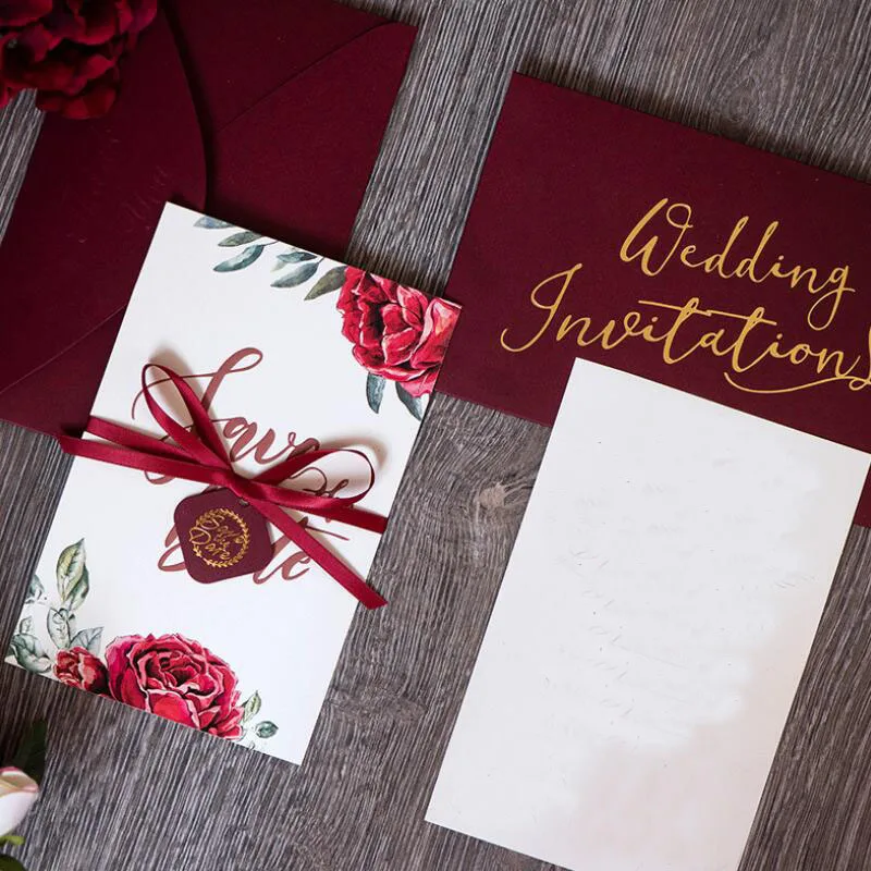 

20pcs/lot Creative Print European Wedding Invitation Blank Inner Page Ribbon Card Single Page Invitation with Envelope