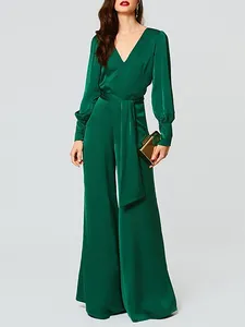 Dark Green Jumpsuits Beautiful Open Back Evening Dress 2022  Neck Long Sleeve Sash Prom Formal Gown Robes De Soirée