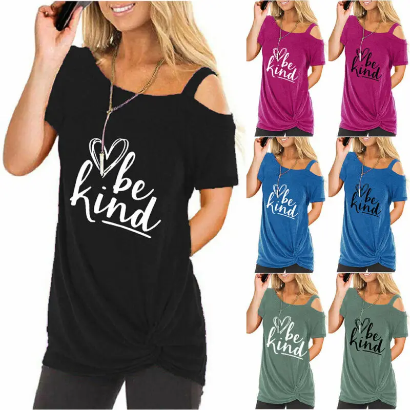 

VICABO Woman T-Shirt Knotted Short Sleeve Off Shoulder BE KIND Printed Lady Summer Casual Women Tops