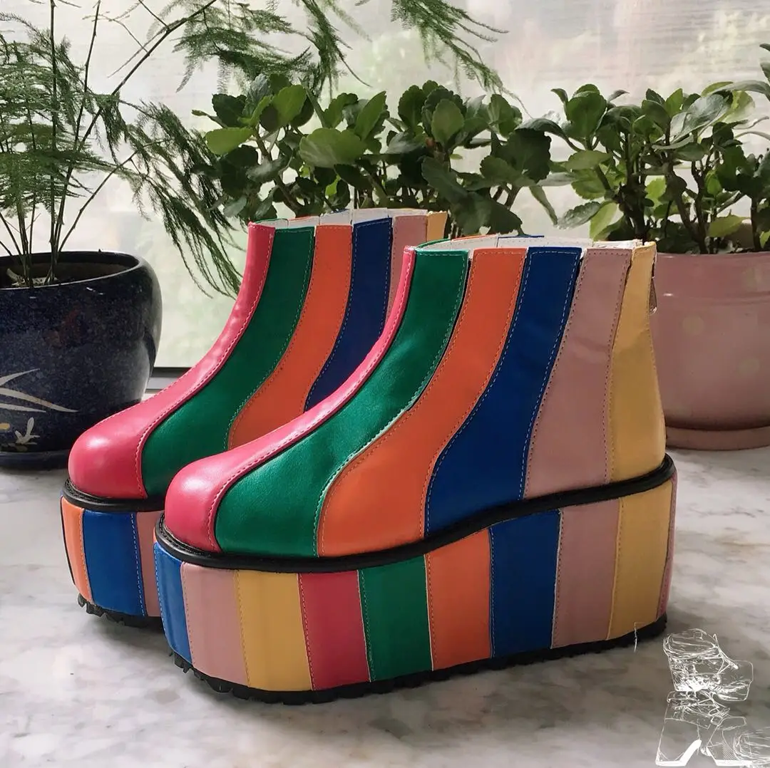 

OLOMLB Womens Rainbow Colors Platform Round Toe Ankle Boots Leather Wedge High Heel Lace Up Knight Punk Shoes Plus Size New 2020