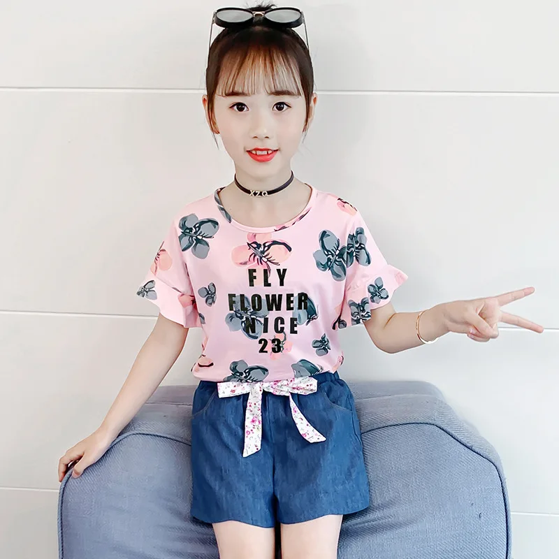 

New Summer Clothes for Girls Cotton T Shirt + Bow Shorts Two-piece Sets Baby Girl Outfits Casual Children's Clothing Tracksuit