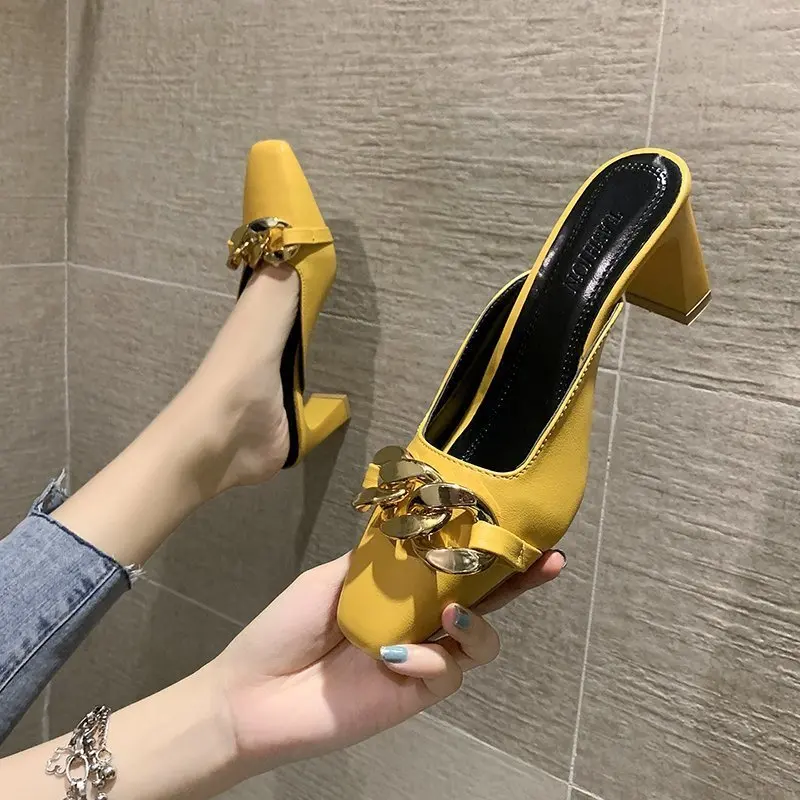 Мюли женские на квадратном каблуке повседневные туфли без застежки с закрытым