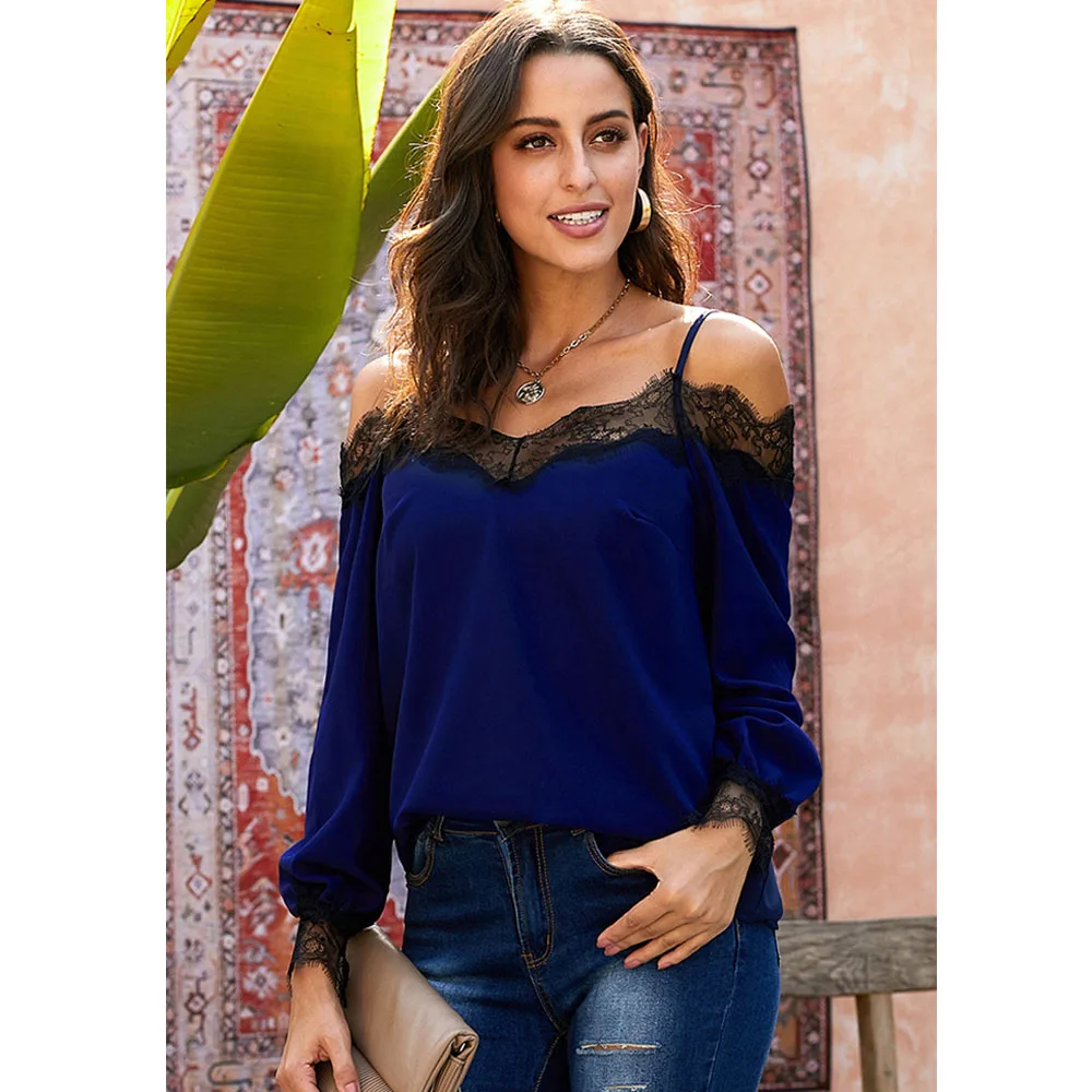 

Spring Summer Women's Blouse Shirt 2020 Sexy Lace V Neck Lantern Sleeve Shoulder Strap Chiffon Blusas mujer de moda Womens Tops