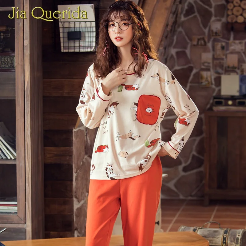 Женская пижама с длинным рукавом хлопковая одежда для сна круглым вырезом