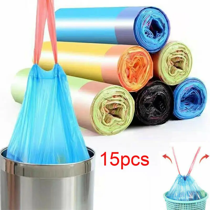 15pcs/roll Kitchen Garbage Bags with Drawstring 60L Bin Handle Bathroom Trash Bag |