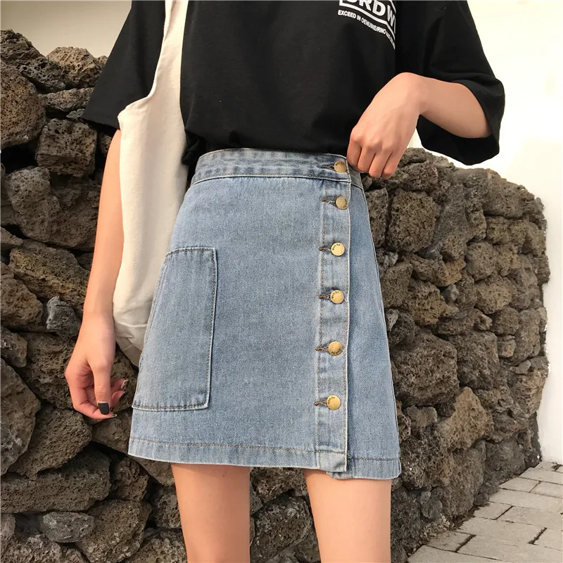 

Casual High Waist Pencil Denim Skirts Women's Skirt High Street Single-breasted Female Jeans Skirt faldas mujer moda 2020