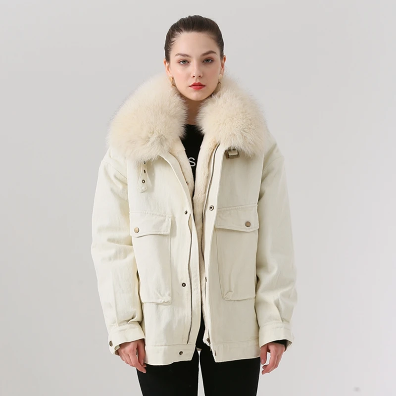 beige QIUCHEN PJ19015 Новое поступление Женская зимняя подкладка из кроличьего меха с лисьим меховым воротником высокого качества Женская джинсовая парка - Цвет: beige