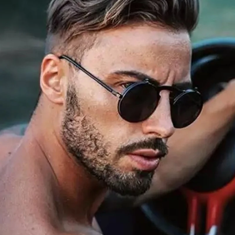 

Vintage Black Steampunk Sunglasses Man Round Flip Punk Sun Glasses Male Brand Designer Metal Frame Circular Driving Oculos