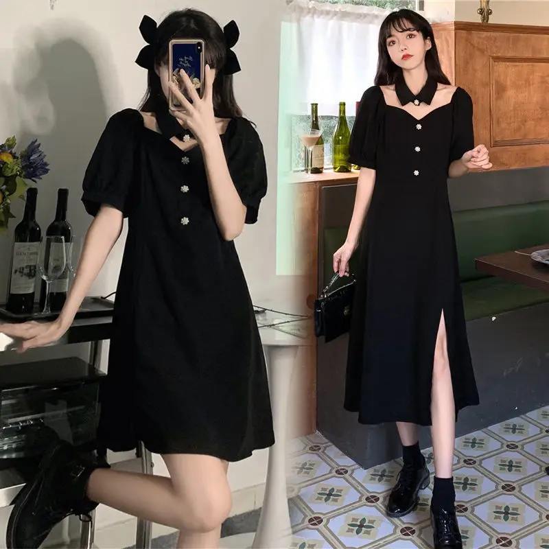 

HOUZHOU Summer Black Dress Women Sexy Elegant Puff Sleeve Dresses 2021 Korean Style Fashion Casual Sundress Streetwear Robe