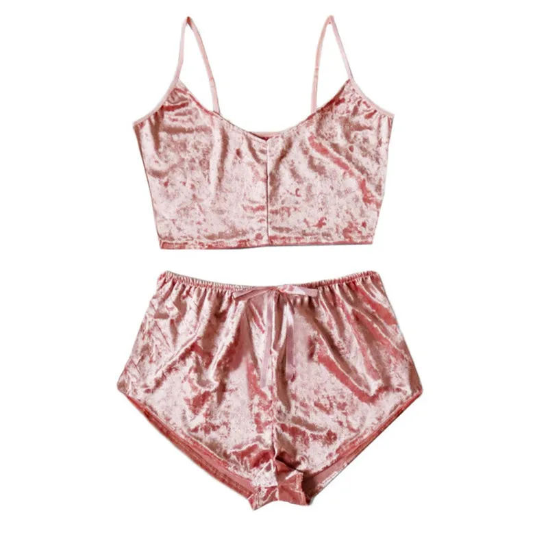 Pink Модный женский бархатный пижамный комплект из 2 предметов, сексуальные бархатные шорты с бретельками, пижамный комплект, Дамская пижама, Женский пижамный комплект для вечеринки - Цвет: Pink