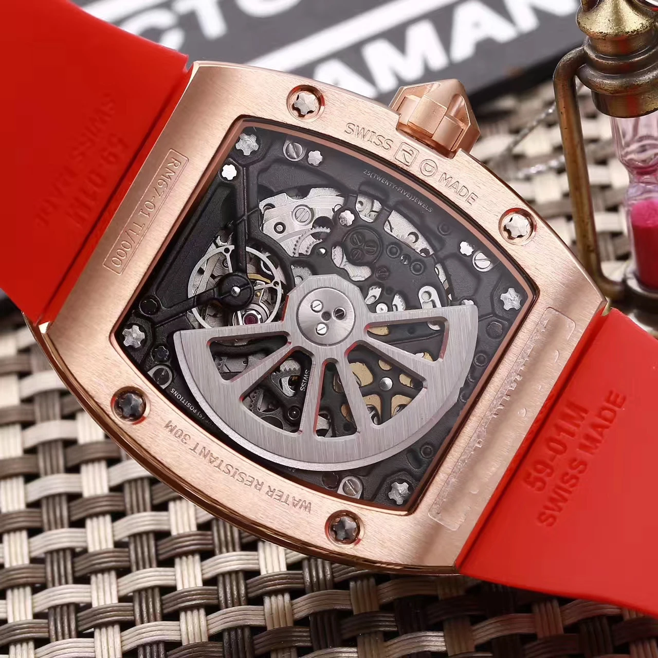 

Luxury Brand New Mens Rose Gold Date Full Iced Diamonds Skeleton Automatic Mechanical Watches Red Blue Rubber Richard Watch