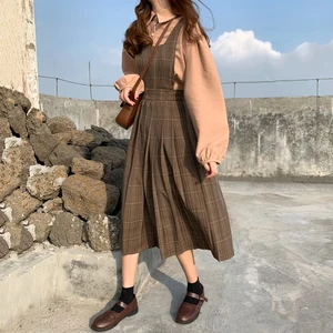 Женское осеннее винтажное плиссированное платье в шотландскую клетку, с высокой талией, в стиле преппи, трапециевидной формы, с пышными рукавами