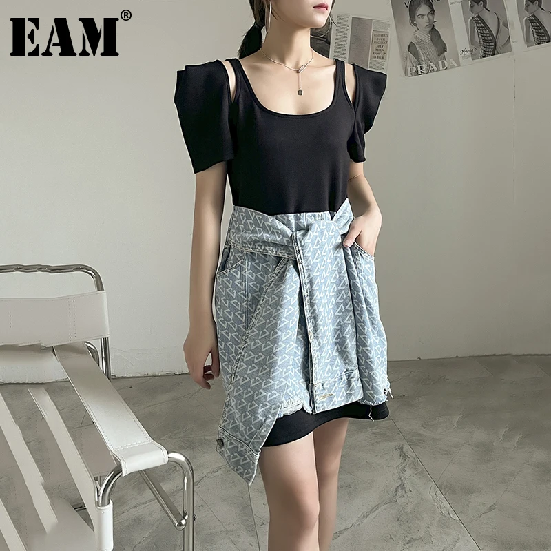 

[EAM] Women Black Denim Bandage Spliced Dress New Round Neck Short Sleeve Loose Fit Fashion Tide Spring Summer 2021 1DE0784