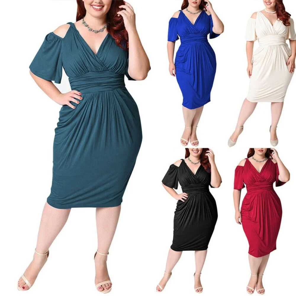 

Plus Size Womens Midi Dress Pleated Ladies Evening Cocktail Formal Party Office