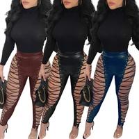 adogirl women sexy gromment pu long pants lace up hollow out high waist trousers fashion nightclub party bandage leather pants