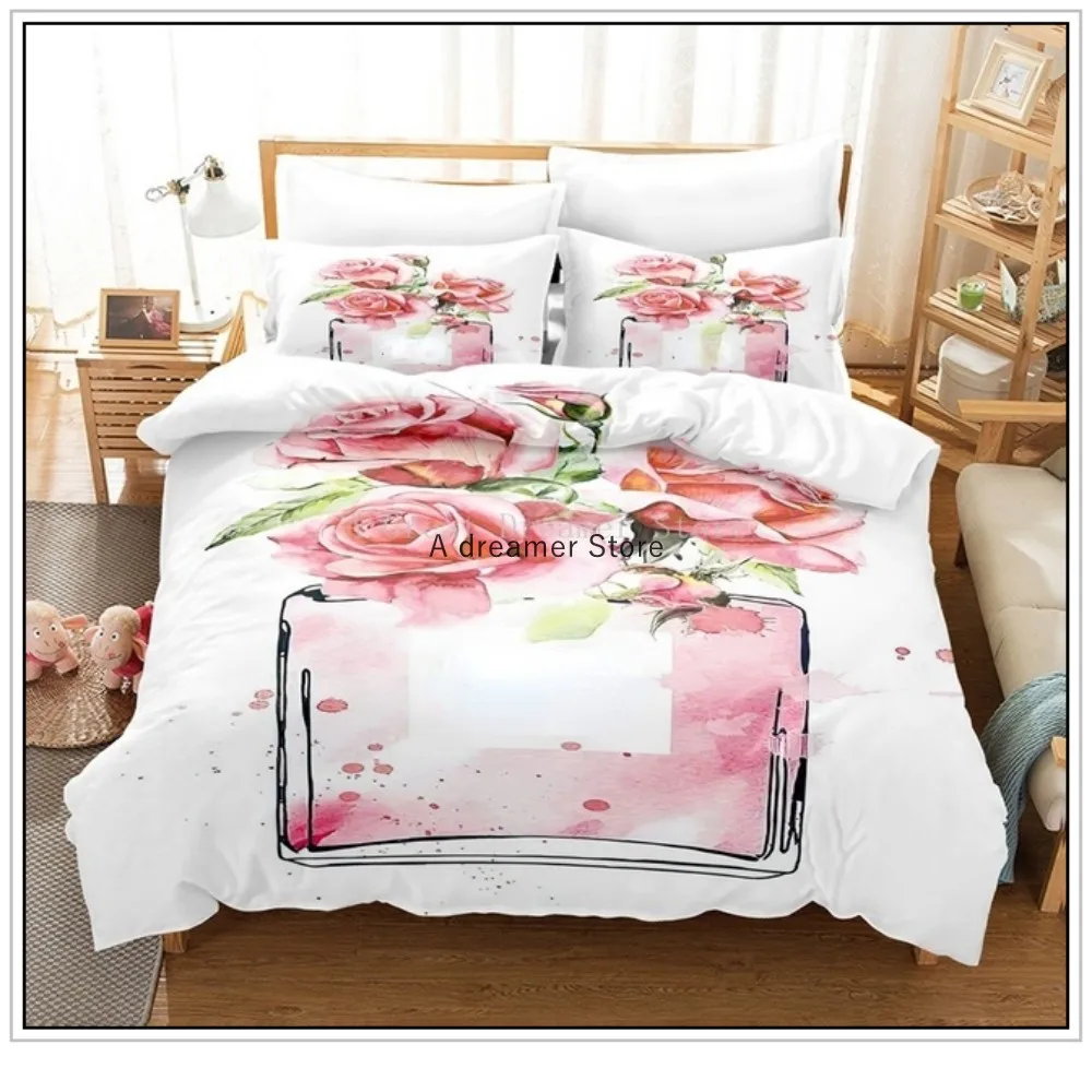 

Luxury Makeup Pink Perfume With Flower Bedding Set Cosmetic Pink Duvet Cover Girl Women Bed Set Home Textiles Fashion Bedclothes