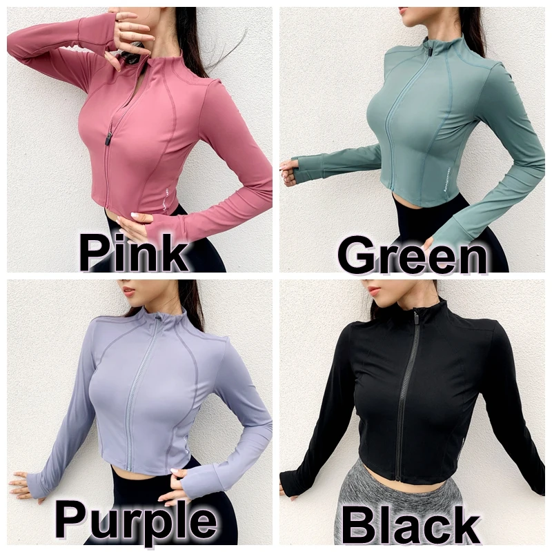 

BINAND Stand Collar Sports Jacket Thumb Hole Yoga Top Women Zipper Gym Shirt Fitness Long Sleeve Sport Crop Top Running Jacket