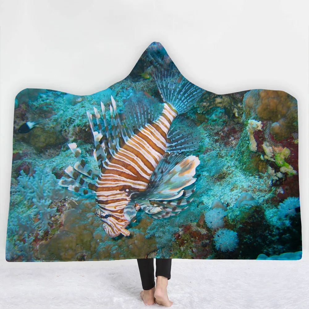 Двойное бархатное одеяло с капюшоном и принтом из аниме Подводный мир океана