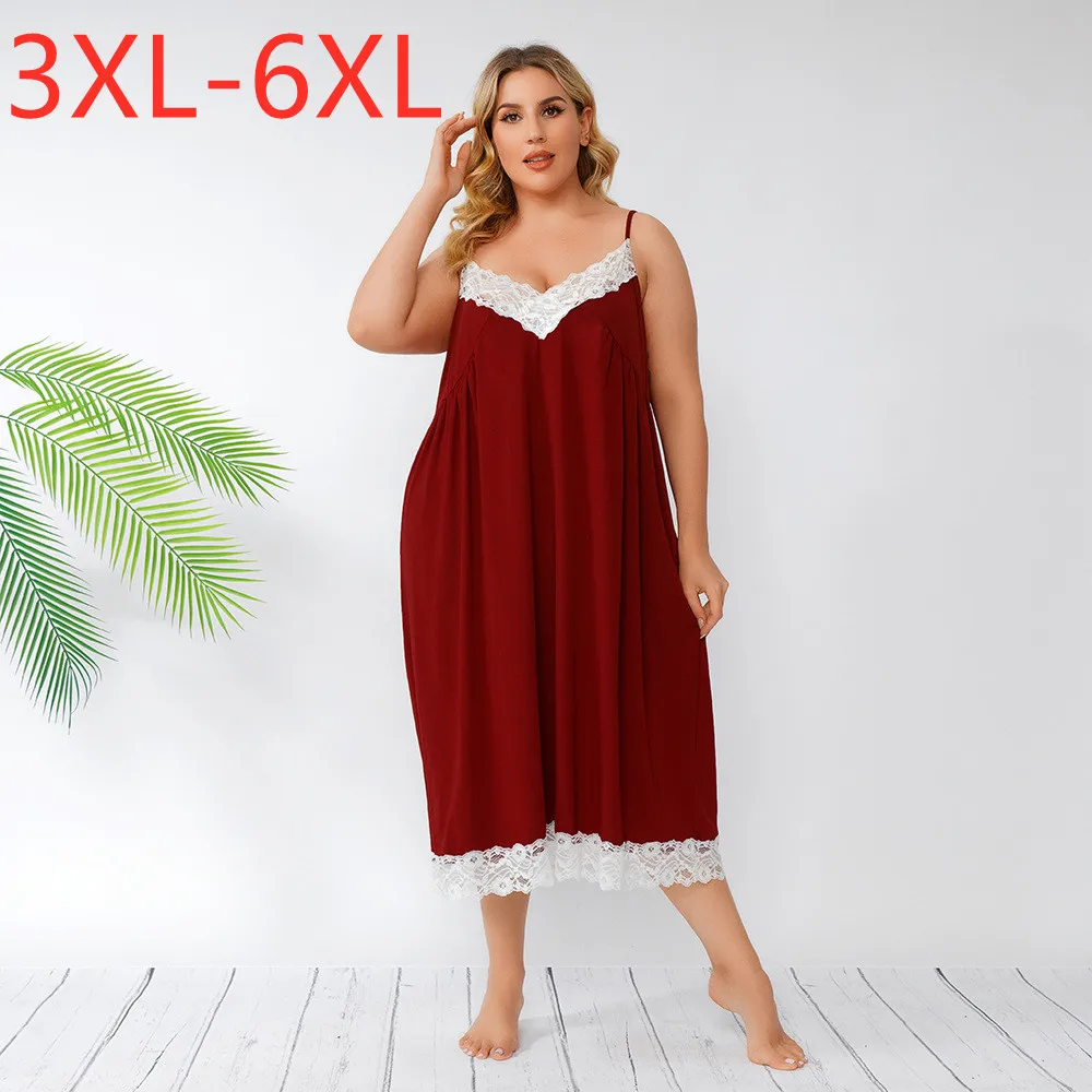 

New 2021 Ladies Summer Plus Size Pajamas Dress For Women Large Sleeveless Large Loose Lace Red Camisole Dress 3XL 4XL 5XL 6XL