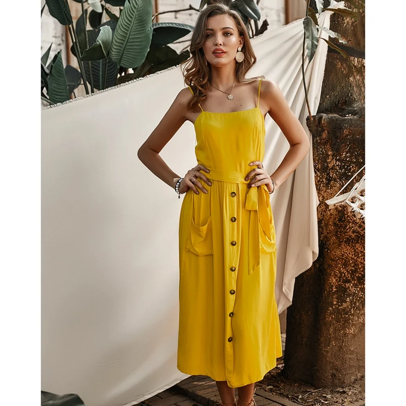Женский сарафан миди без рукавов с открытой спиной и пуговицами|Женские платья| |