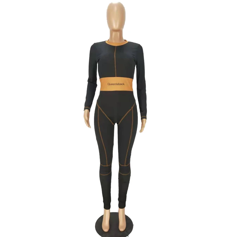 

ZKYZWX Trendy Rib Bodycon Jumpsuit for Women Letter Print Long Sleeve Fall Clothing Sexy One Piece Club Outfits Sports Overalls