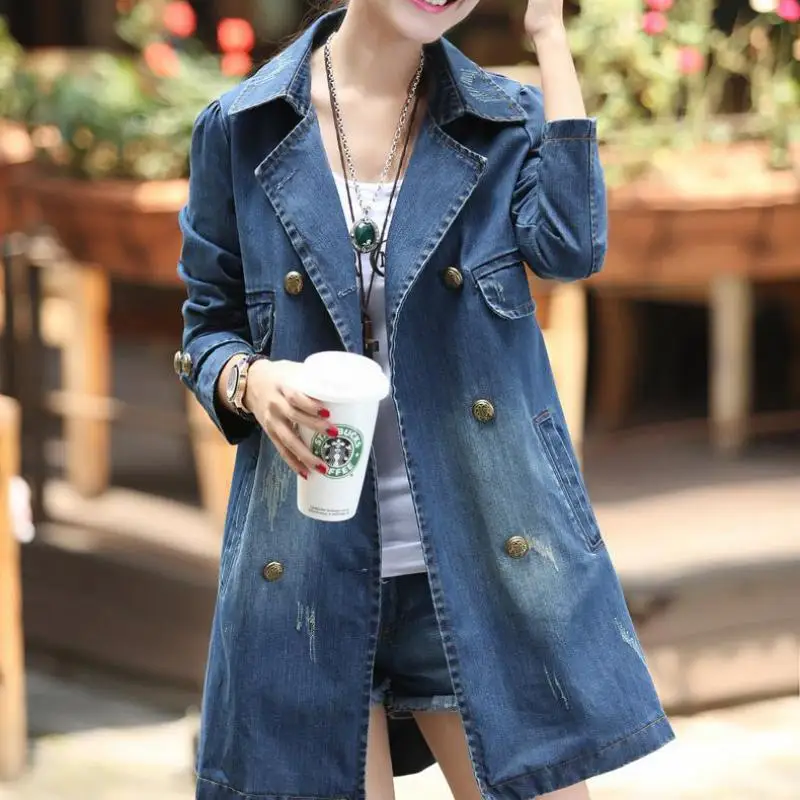 2019 New fashion denim jacket women a-line Double-breasted medium long jeans jackets ladies plus size 3XL casual clothes | Женская