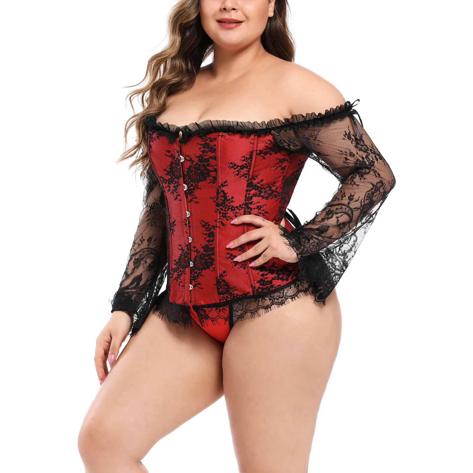 

Female Shapewear, Lace Floral Boat Neck Long Sleeve Bodysuit Body Shaper for Women, Red/Black