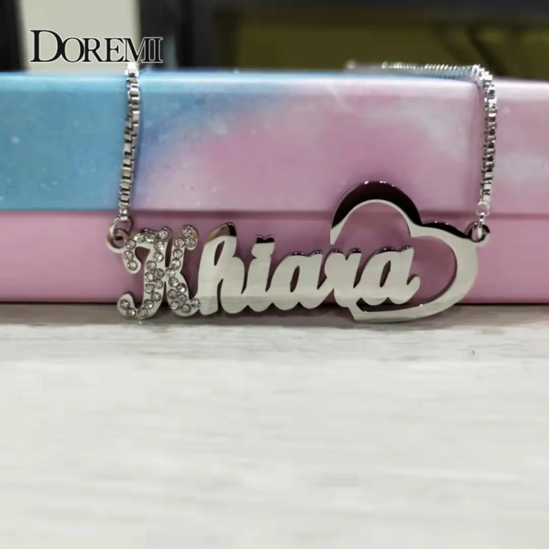 DOREMI Heart Shape Personalized Name Necklace Iced Out Gift for Women Box Chain Custom Jewelry Pendant Necklace Not Change Color