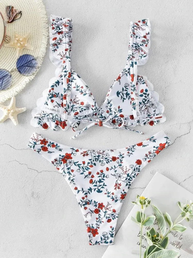 

Women Bikini Flower Print High Cut V Neck Two Pieces Bikini Swimwear Bathing Suit Female Beachwear Push Up Swimsuit Bikini #40