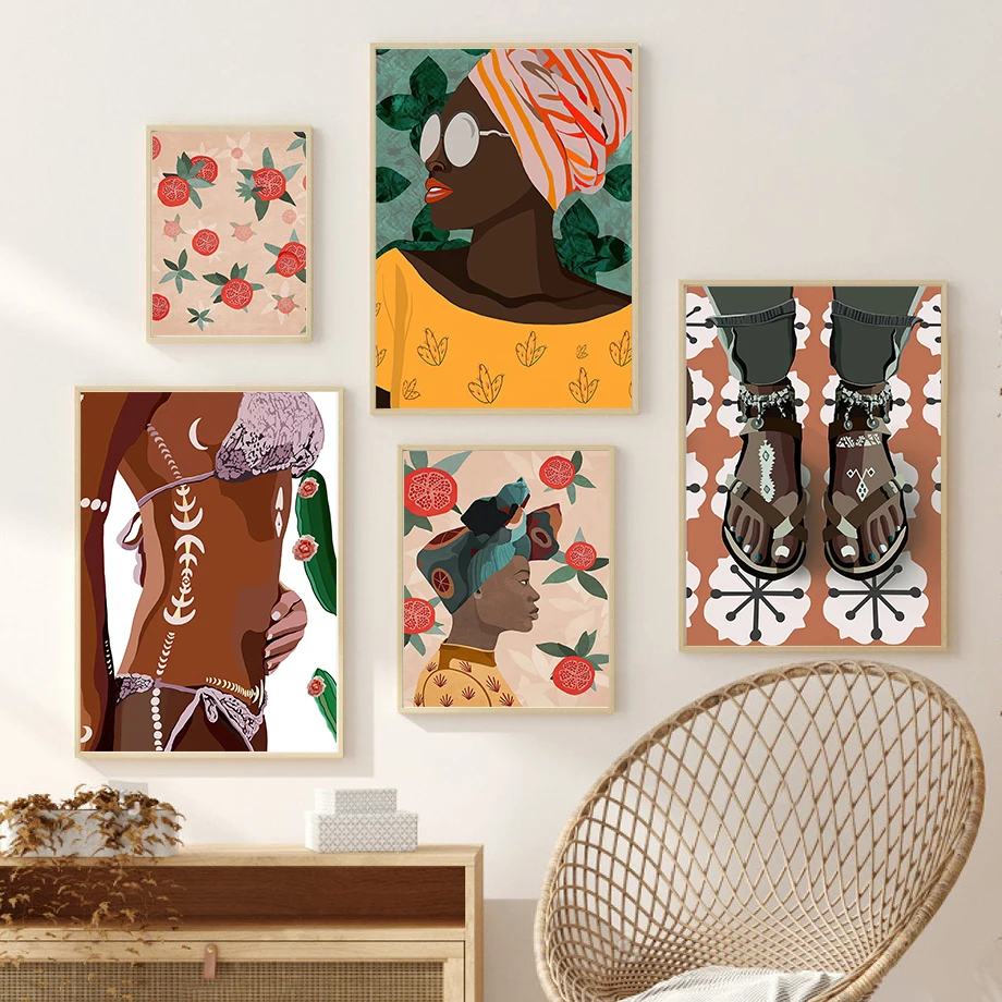 Плакаты и принты в тропическом стиле с черным цветочным шарфом для девочек