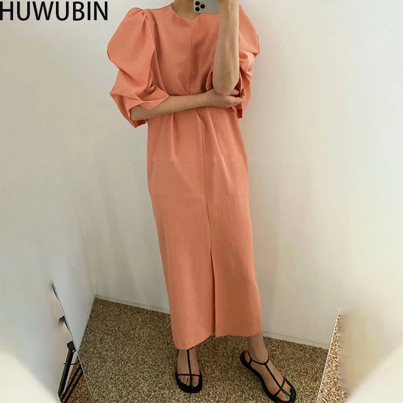 

New Summer Women's Chic Temperament Retro Fold Big Lantern Sleeve Drop Sense Front Split Crew Neck Fashion Dress With Belt