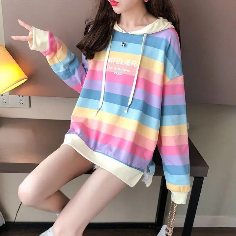 

Cotton Hoodie Female Autumn Korean-style Fashion Loose nian New Style Long Sleeve Students Rainbow Stripes Thin Coat Female