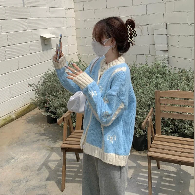 

Модный свитер в стиле Харадзюку с бантом и длинными рукавами, повседневный милый школьный Свободный кардиган с V-образным вырезом, мягкий те...