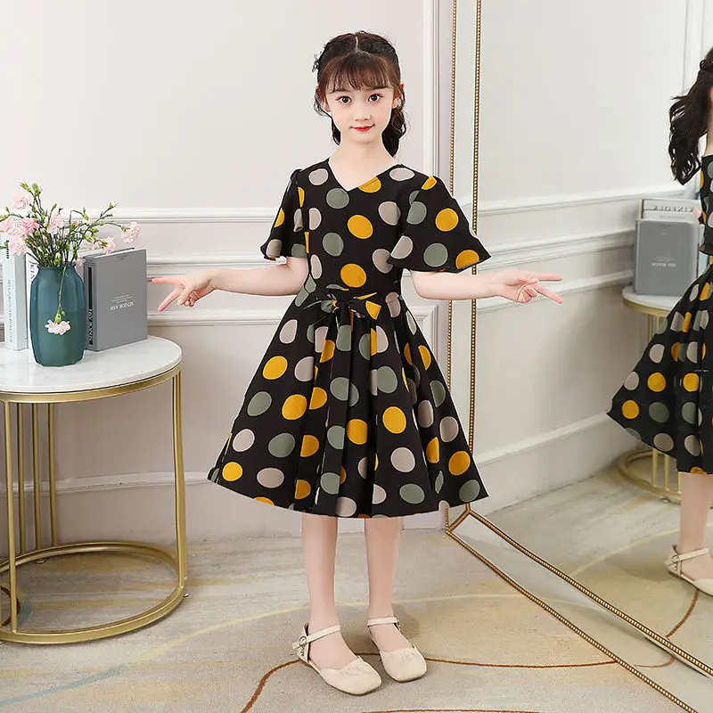 

Summer Girls Clothes V-Neck Printing Princess Dress Thin Fashion To Knee Dress Children Kids Dresses For Girls Prom Casual Skirt