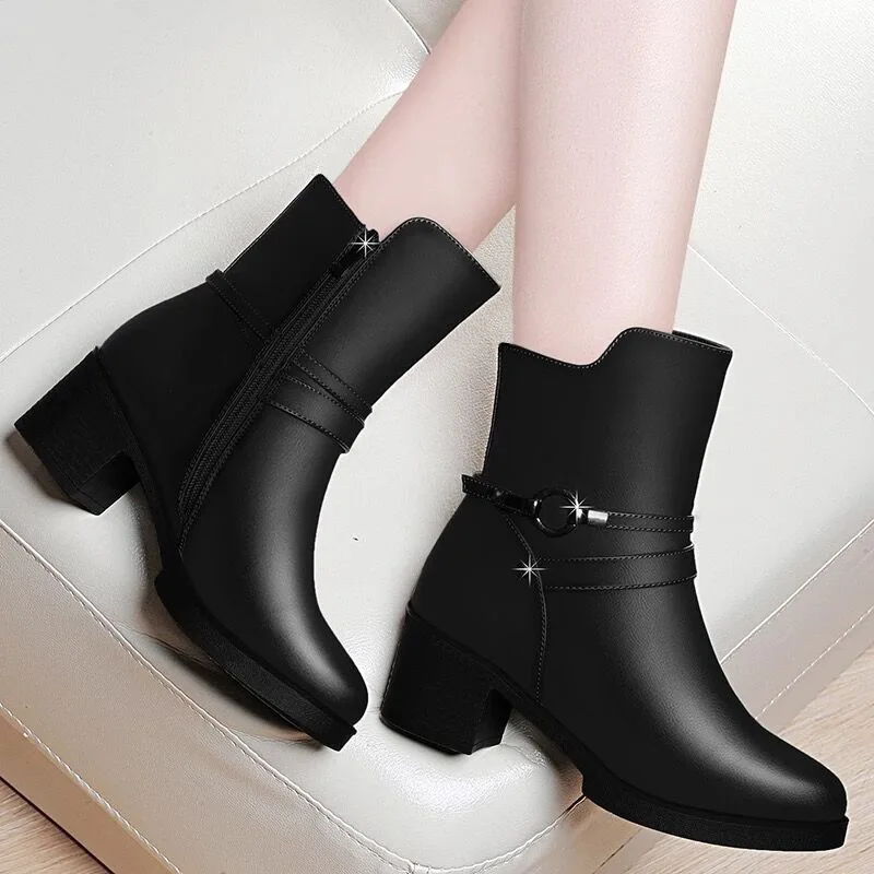 Elegant Women's Ankle Boots Leather Short Boot Lady Winter High Heel Shoes Wedding Party Formal Dress Shoes England Style 2021