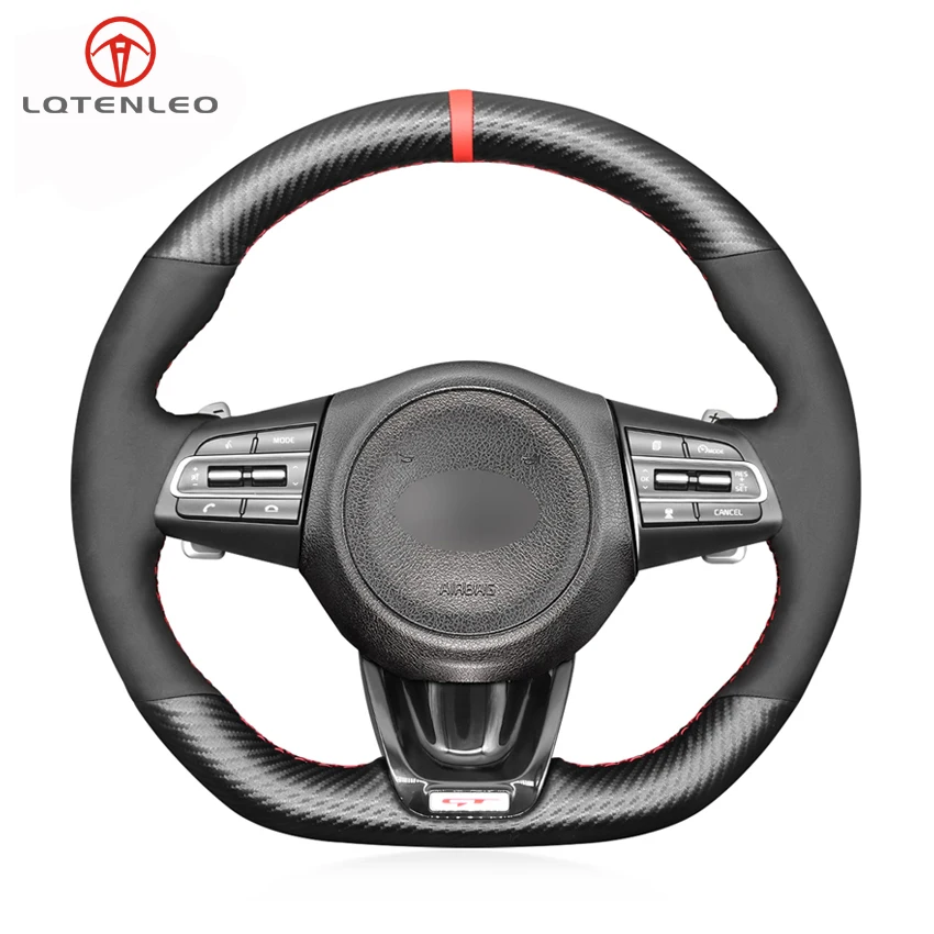 

LQTENLEO Black Suede Carbon Fiber Hand-stitched Car Steering Wheel Cover For Kia Stinger 2017 2018 2019 2020