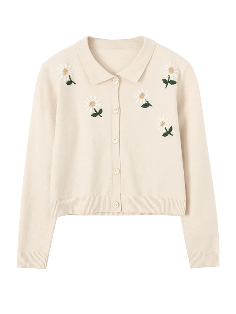 

Kimotimo Embroidery Cardigan Women 2021 Autumn Retro Turn-down Collar Thin Sweater Korean Ins All-match Knitted Cardigans Blusas