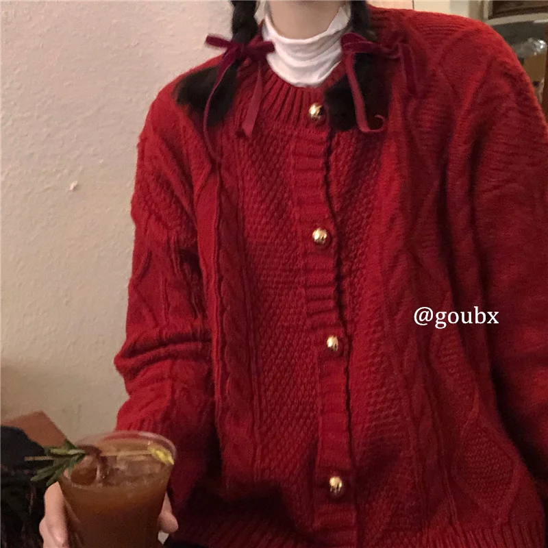 

Женский трикотажный кардиган с длинным рукавом, красный вязаный свитер в стиле ретро, весна-осень 2021