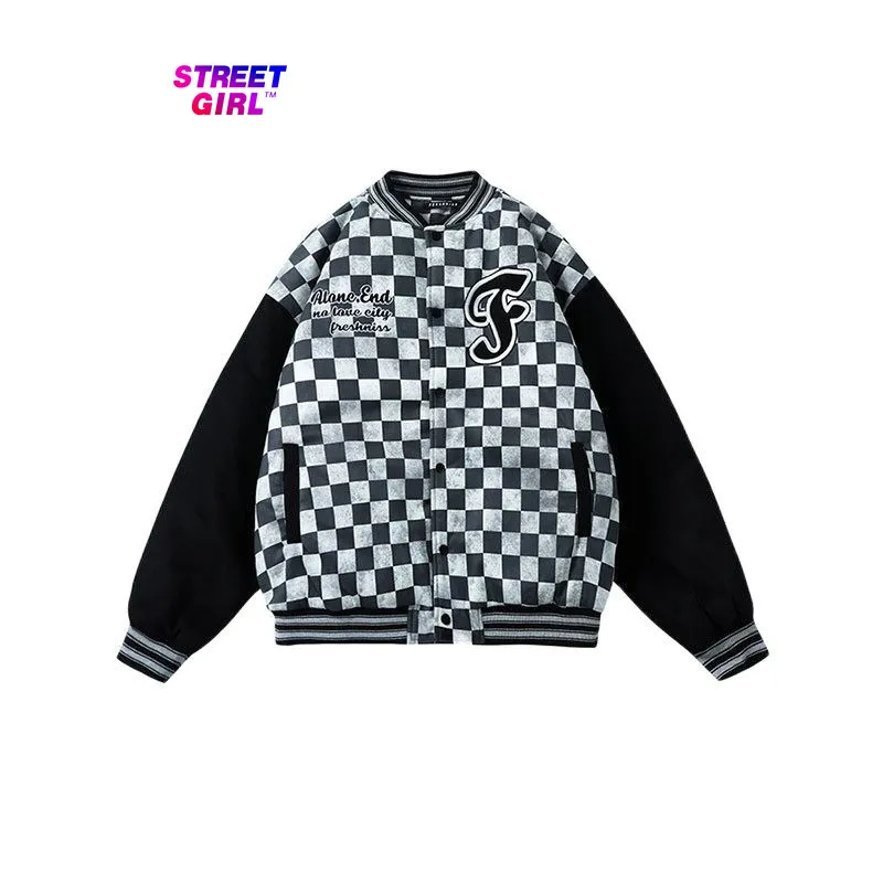 

2021 весенне-осенние модели в стиле ins high street dark Свободное пальто в клетку с вышивкой куртка Уличная Повседневная бейсбольная форма