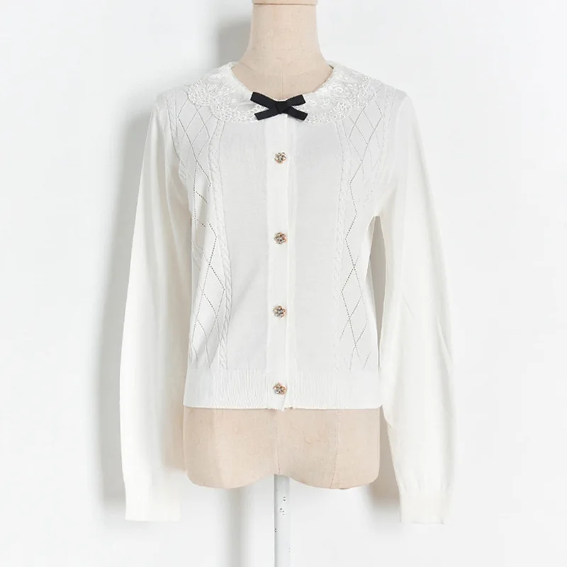 

2020 Spring Women Thin Cardigan Korean Sweater Bow O-neck Coats White Lace Female Sweet KnitLoose Chic Casual Outwear Mujer